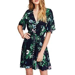 Navy Floral V neck Short Sleeve Button Dress